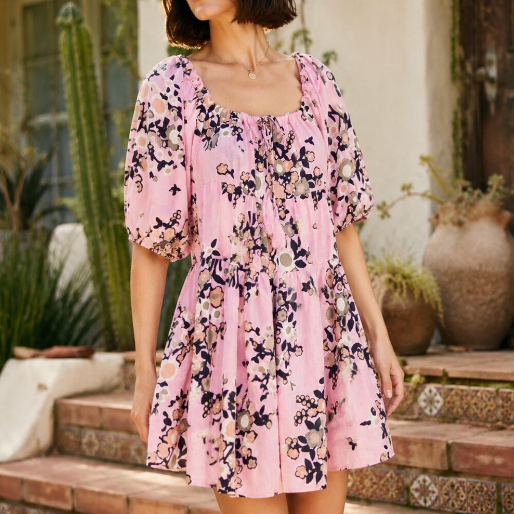 Anthropologie Kinga Csilla Mini Dress Linen Rayon Floral Boho Indie Resort S